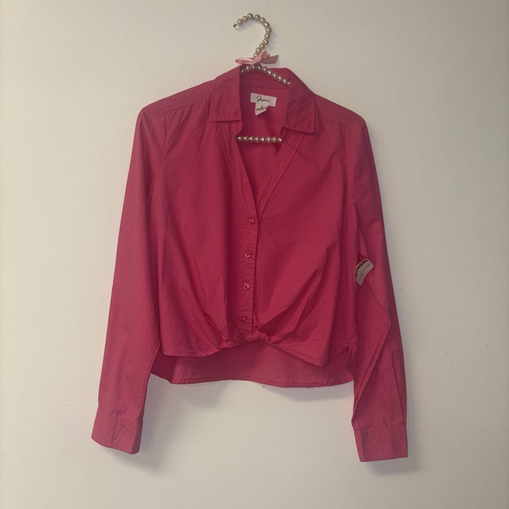 Japna Hot Pink Twist Front Button Down Shirt Long Sleeve Cotton Cropped Top Sz S